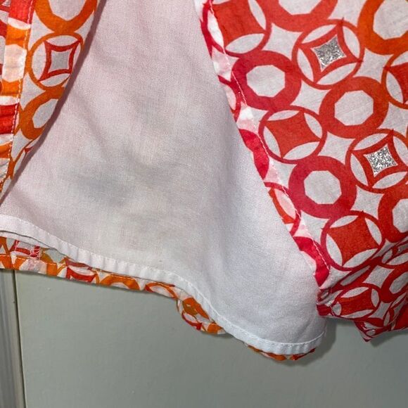 Lark Lane orange, white, & silver geometric print cotton panel twirl skirt 14 - Picture 4 of 8
